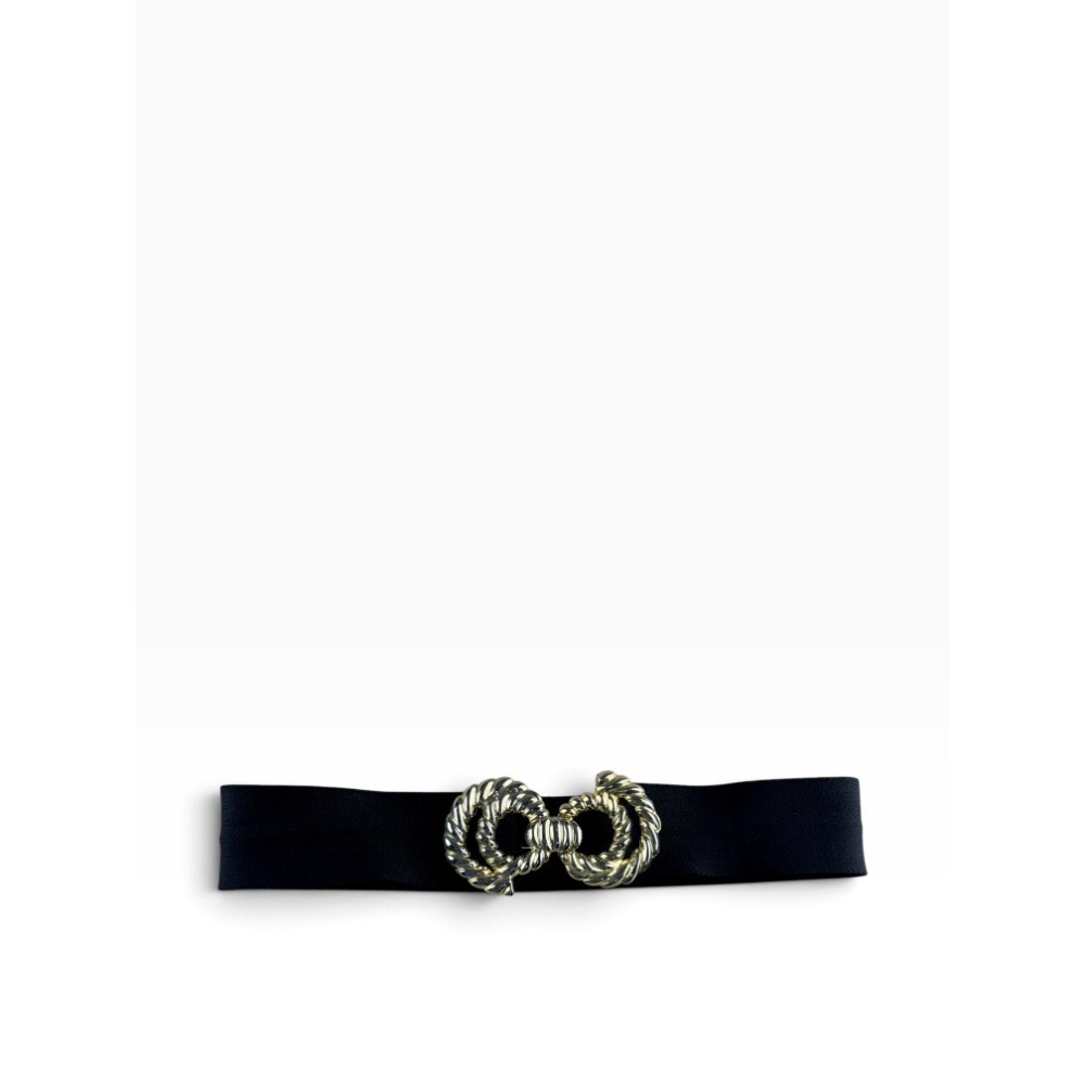 Vintage Motion East Black Cinch Belt Two Tone Rope Buckle Elastic Waist 26in
